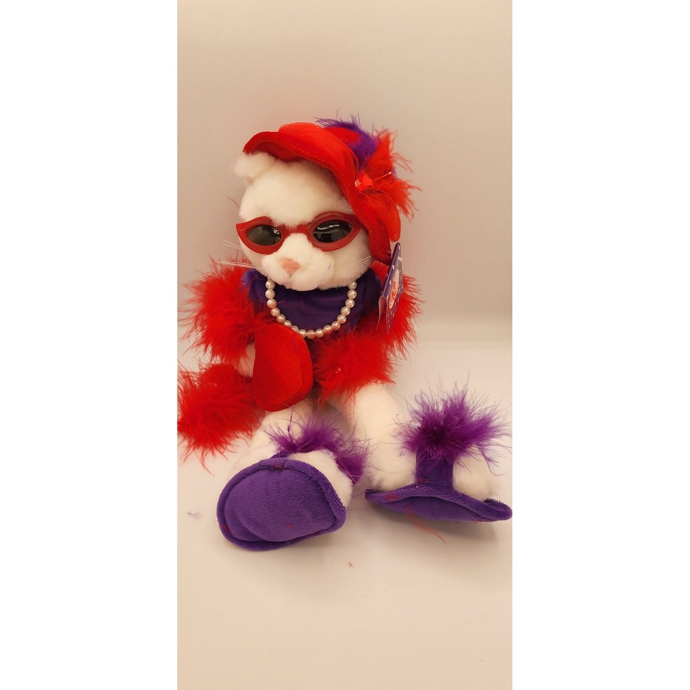 Red Hat Society White Cat Plush Red Feather Boa Purple Hat Sunglasses NWT 16in